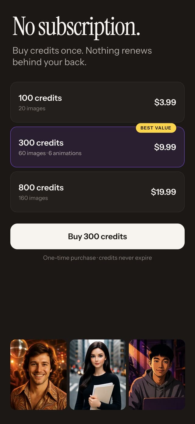 QuickToon pricing screen